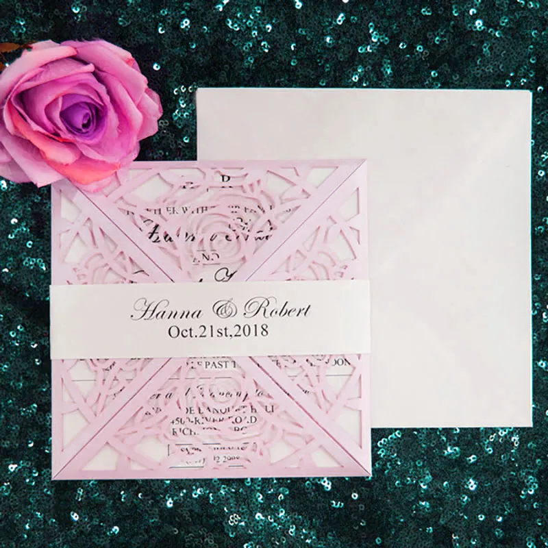  10 Kit Custom made Flower Pink Invitations For Wedding Cards Design Print Blank Laser Cut Invitatio - 32869266732