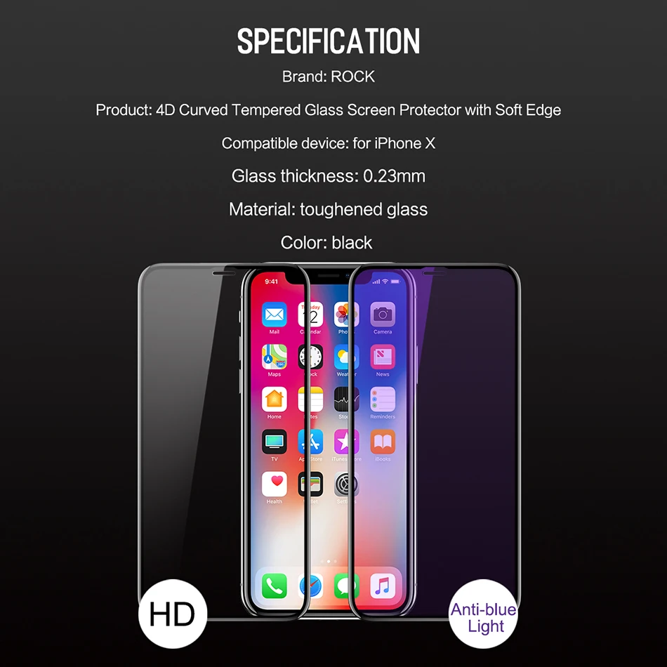 Закаленное стекло для iPhone X 8 7 6, рок Мягкий край высокой четкости анти синий светильник протектор экрана для iPhone 6S/6 P/7 P/8 P