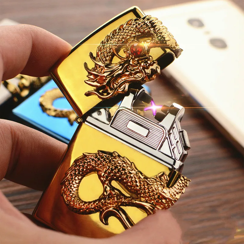 

USB charging double arc lighter windproof personality Creative Dragon Man electric pulse metal cigarette Lighter Gift