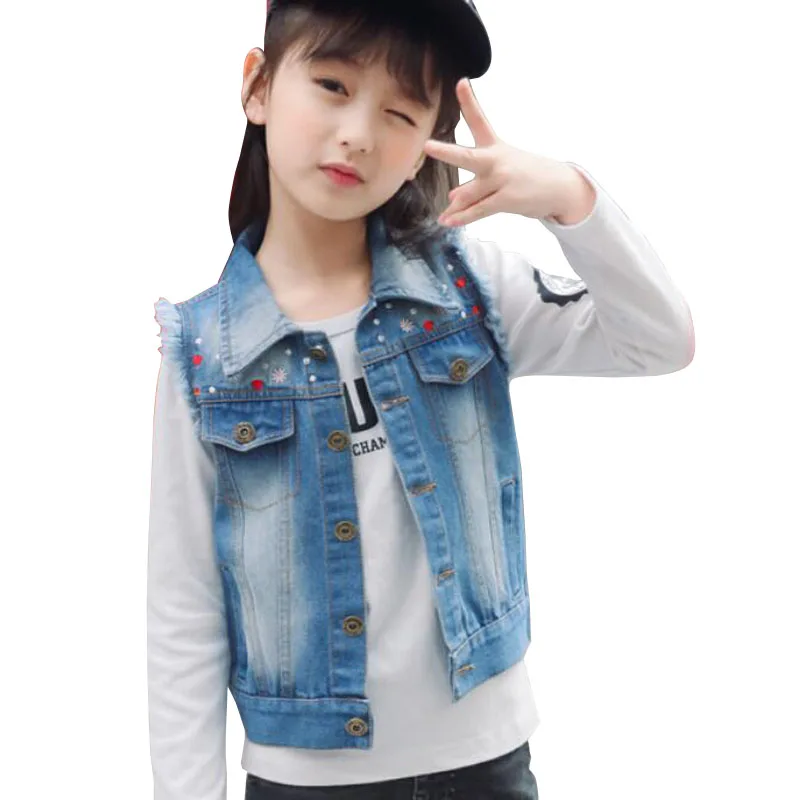 Girls Vest Denim Ripped Coat Girl Denim Waistcoat Sleeveless Jean