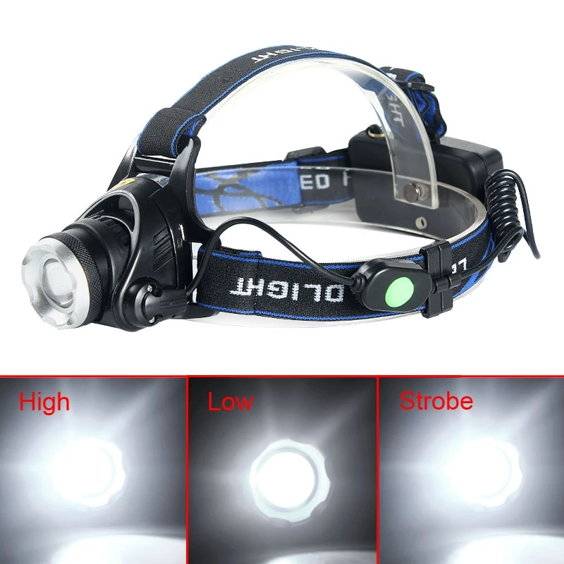 2000LM CREE XM-L T6 LED Adjustable 3 Switch Mode Zoomable Zoom Headlamp Outdoor Head Torch+1xAC Charger EU +2x18650 Batteries 