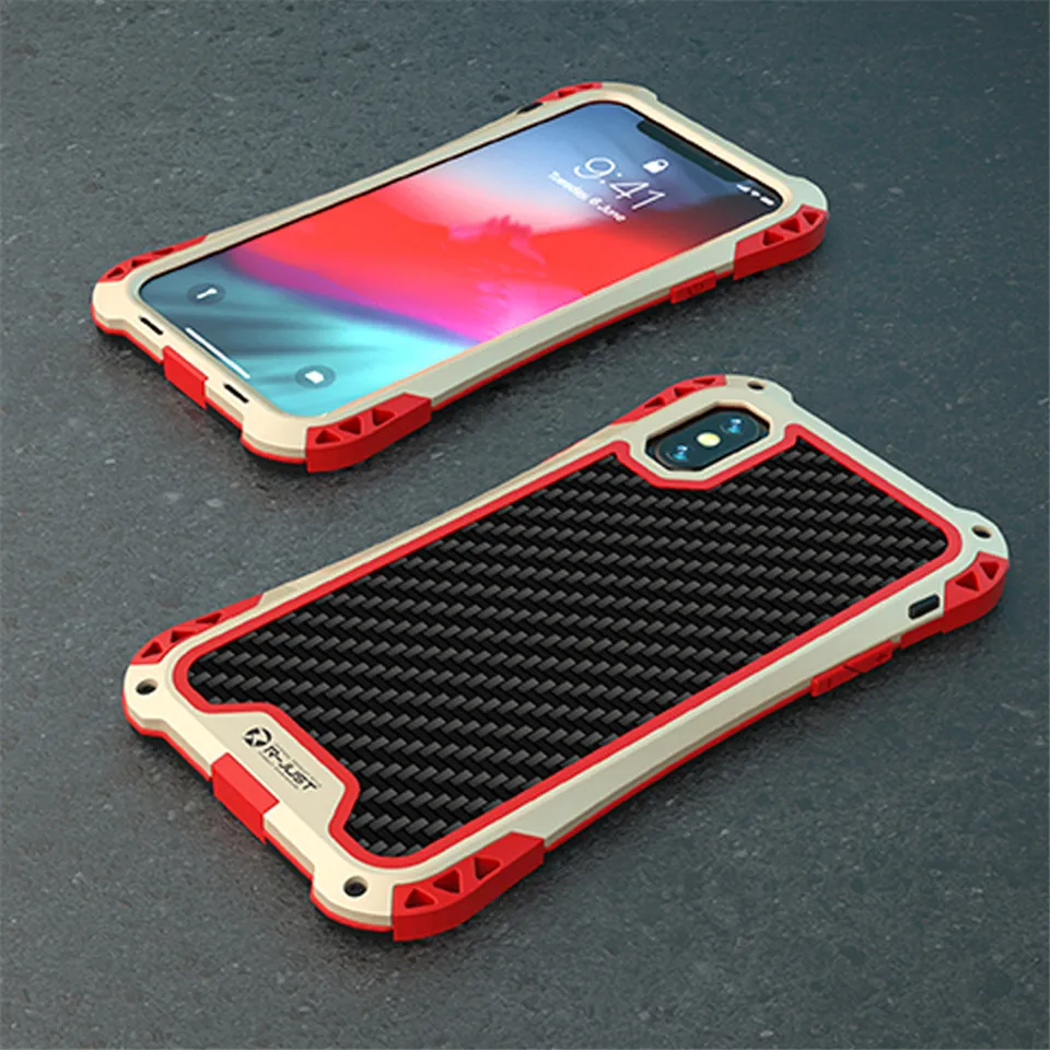 Gold Red Black Броня чехол для Iphone Xs Max Xr X Роскошный металлический каркас силиконовый бампер гибрид ударопрочный 360 Полная защита крышка из углеродного волокна - Цвет: Gold Red Black