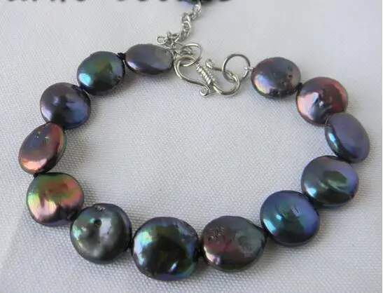 

Wholesale price 16new ^^^^8'' 13mm Black Coin Freshwater Pearl Adjustable Bracelet