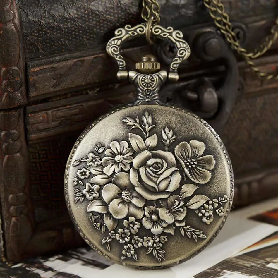 

Vintage Craving Rose Flowers Fullmetal Alchemist Quartz Pocket Watch Men Women Retro Necklace Pendant Chain Steampunk Clock