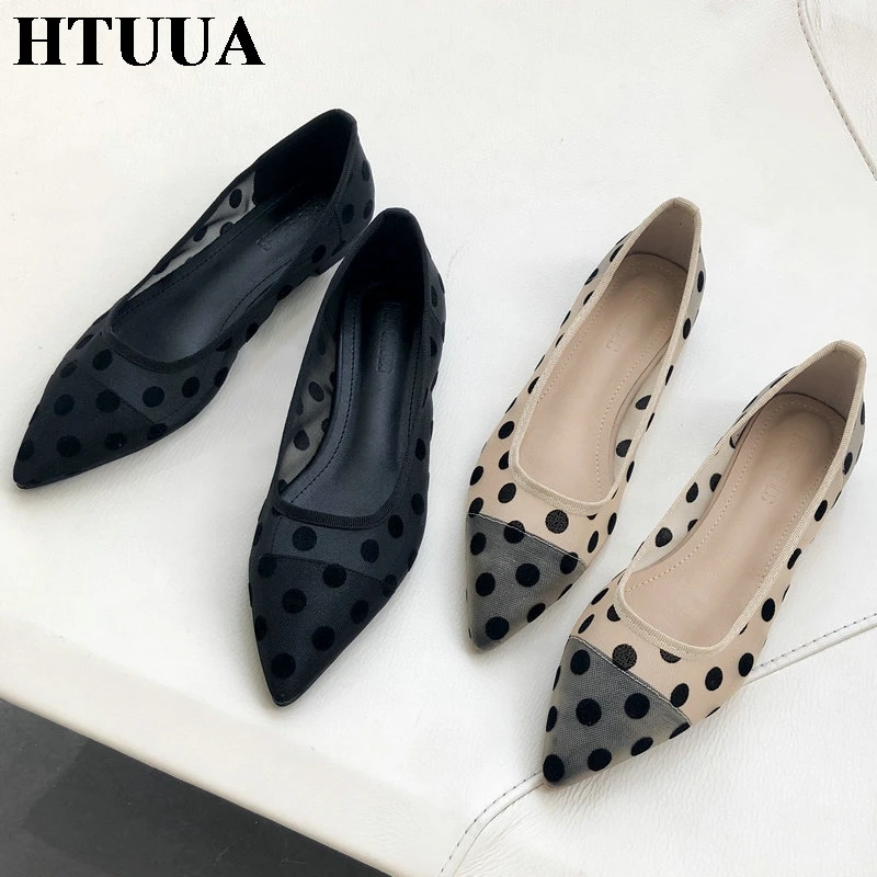 

HTUUA Retro Elegant Dot Flat Shoes Women 2019 Spring Summer Breathable Mesh Ballet Flats Female Pointed Toe Casual Shoes SX2702