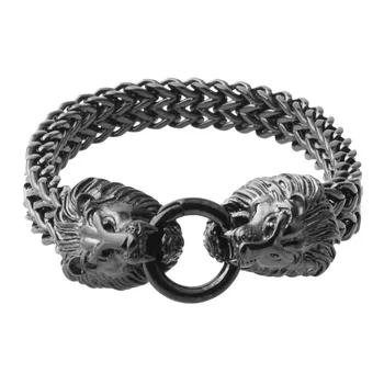 

Vintage Black Lion Head Stainless Steel Bracelet Men 12mm Wide & 22cm Length Fashion Link Mens Bracelets