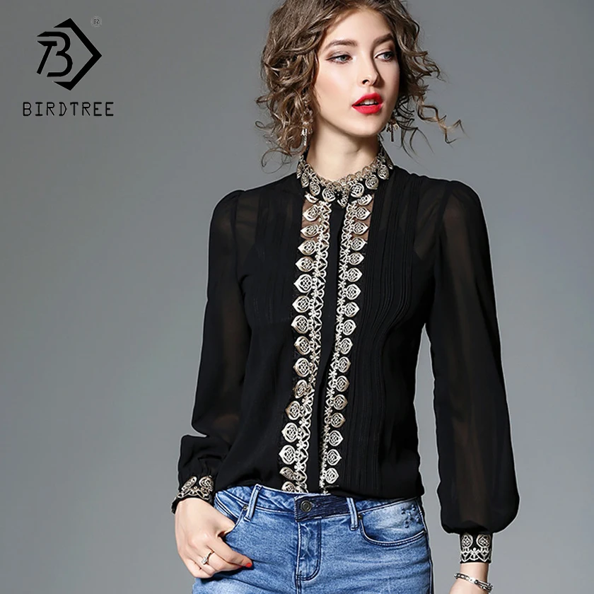 Блузка женская белая с высоким воротником и вышивкой S81229L 2018|lantern sleeve|sleeve topwomen blouses