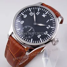 44 мм parnis черный циферблат синий светящийся Азия 6498 механический ручной обмотки коричневый кожаный ремешок мужские часы P110