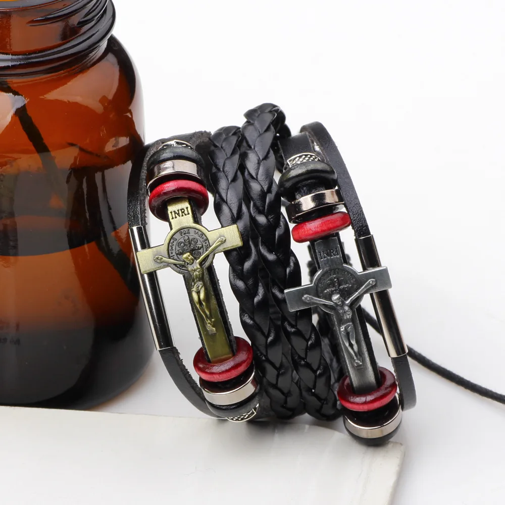 Multilayer INRI Leather Bracelets For Men and Women Leather Bracelets alloy Cross of Jesus Beaded 18163 leather bracelet