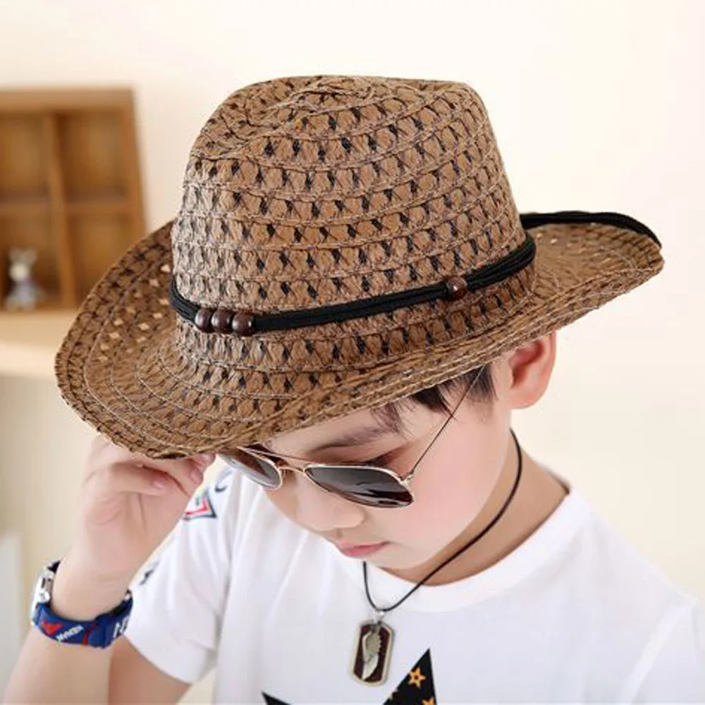 Детские летние ковбойские соломенные шляпы Дети Мальчики Твердые крышки красивый мальчик шляпа новорожденный мода солнцезащитный козырек для пляжа