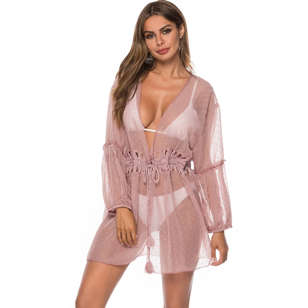 Women Breathable Sunscreen Wave Point Swimwear Holiday Cover Up Summer Soft Thin Blouse Beach Lace Long Sleeve Bikini Wear |