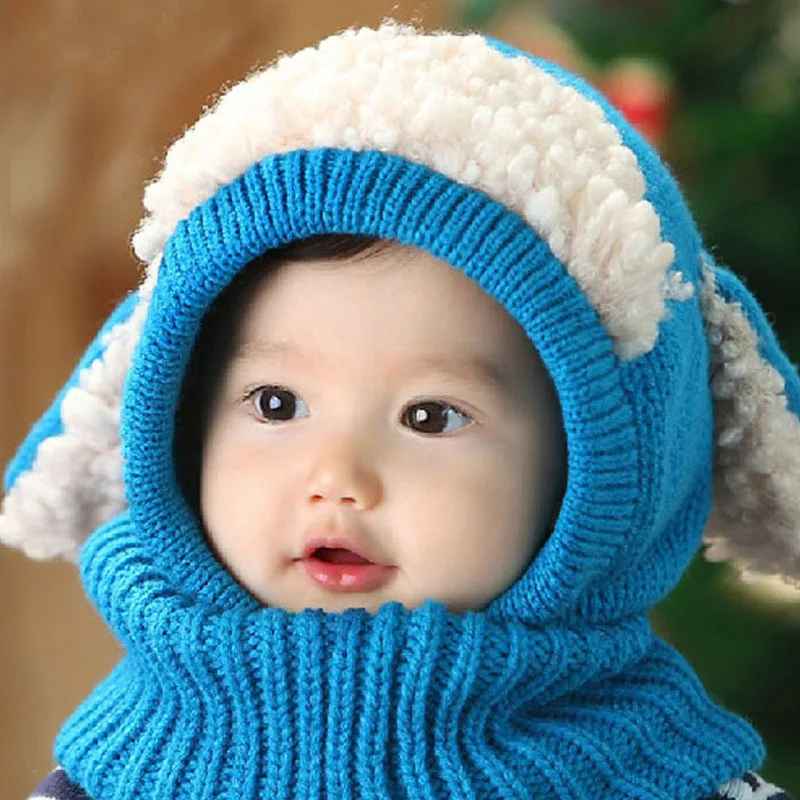 Зимние детские шапки с заячьими ушками, милая детская вязанная шапка для мальчика, шапка, теплая шапка для младенца+ вязаный шарф с капюшоном, комплект, шапка-ушанка s - Цвет: style1 blue