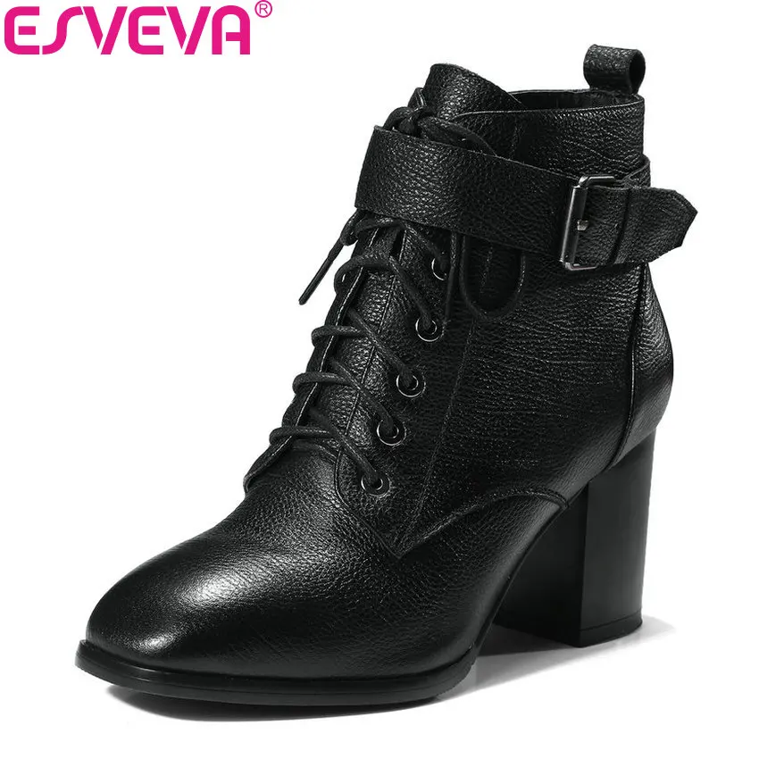 

ESVEVA 2019 Zip Western Style Women Boots Buckle Square High Heels Ankle Boots Shoes Cow Leather PU Square Toe Shoes Size 34-39