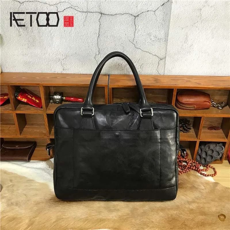 

AETOO New vegetable eucalyptus paste retro bag handmade leather men's portable briefcase computer bag