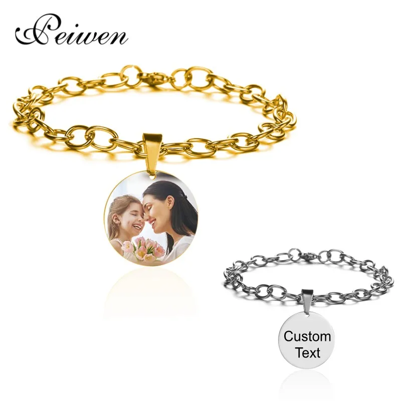 

Customized Round ID Tag Bracelets Engraved Name Date Custom Photo For Women Men Stainless Steel Adjustable Bangles Family Gift