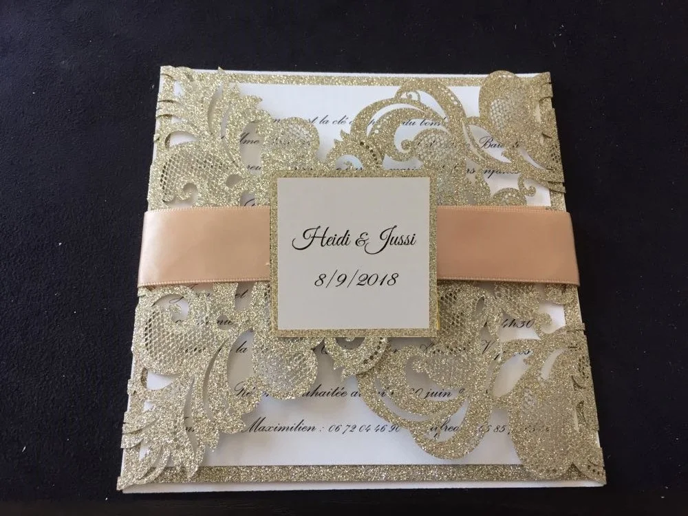 Customized Gold Glitter Wedding Invitations with belly band, personalized Laser Cut Engagement