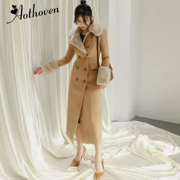 

High Quality Long Jacket Autumn Winter 2020 Women Khaki Vintage Female Elegant Fur Collar Woolen Long Coat Outwear Warm Coats