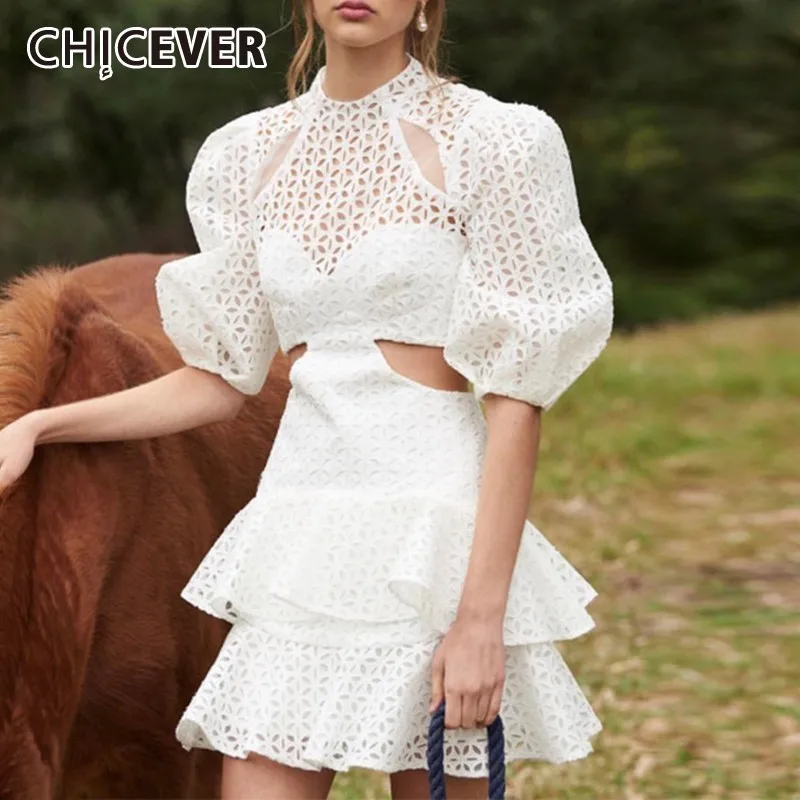 CHICEVER/пикантные однотонные женские платья с вырезами пышные коротким рукавом