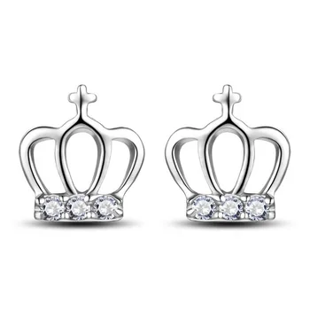 

100% 925 sterling silver fashion crown shiny crystal ladies stud earrings jewelry female Anti allergy birthday gift cheap