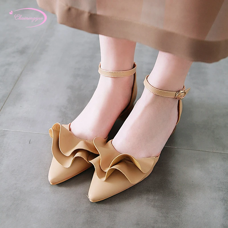 

Japanese sweet style sexy pointed toe summer women sandal fashion ruffles bowknot belt buckle low heel thick women's shoes