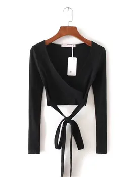 

Summer New Europe and America Wild Pure Cross V-neck T-shirt Women Slim T-shirt Long-sleeved T-shirt Women