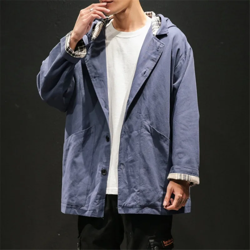 Male Fashion Casual Loose Lining Plaid Hooded Windbreaker Men Size M-5XL Spring Korean Style Solid Color Jackets Trench | Мужская одежда