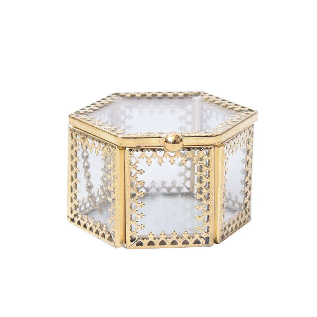 Transparent Mini Glass Hexagonal Shape Heart Jewelry Earring Ring Showcase Holder Box Wedding Party