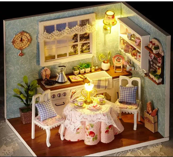 

3D Miniature dollhouse Furniture DIY Doll House Wooden kitchen Kit Toys casa de boneca children birthday Christmas Gift toys