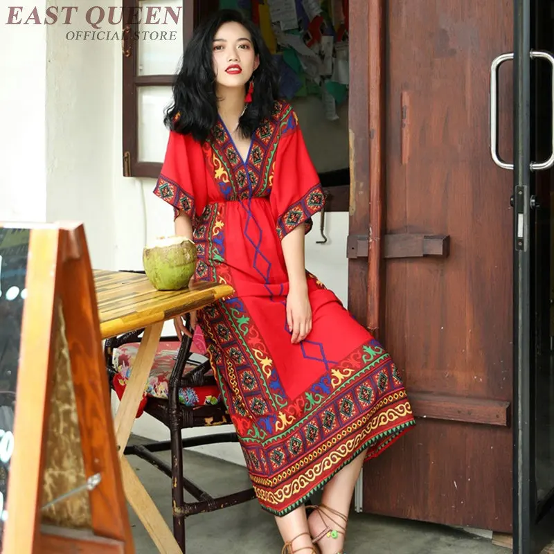 

red bohemian dress women summer boho chic maxi mexican dress tropical beach holiday v neck ladies dresses summer 2019 AA4830