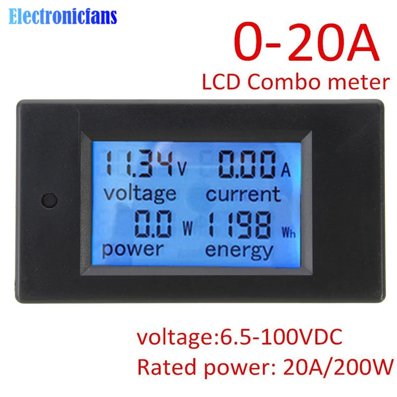 DC 6,5~ 100V переменного тока 0~ 20A 4 в 1 цифровой Напряжение ток Мощность счетчик энергии большой ЖК-дисплей Экран DC Вольтметр Амперметр