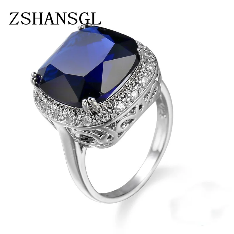 Твердые 925 пробы серебряные 5A синий большой кристалл CZ палец кольца для женщин любовь сладкий свадебные украшения S925 подарок