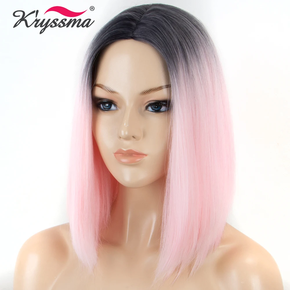 Short Bob Wig Pink Wig Ombre Dark Roots To Baby Pink Straight