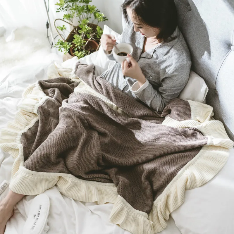 

iDouillet Decorative 100% Cotton Knitting Throw Blanket with Ruffle Edge for Bed Sofa Couch Chair Travel Outdoor 130x160cm Brown
