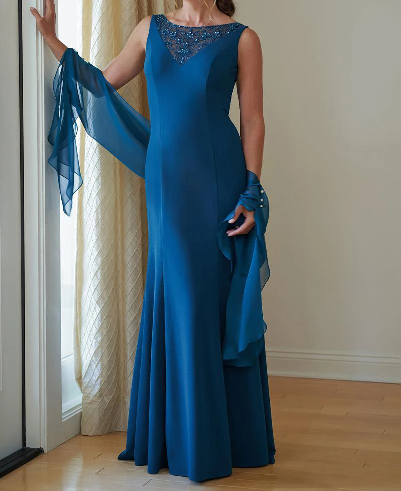 

2019 Blue Elegant Chiffon Sheer Neck With Beads Sequins Mother Of The Bride Dress With Bolero Vestido De Festa Longo