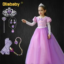 Фантазия Принцесса Рапунцель платье запутанный Хэллоуин карнавальные костюмы для девочек с длинным рукавом детское вечернее платье