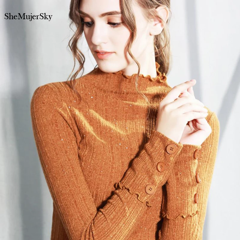 

SheMujerSky Women Ruffle Sweater Slim Autumn Winter Pullover White Black Brown Sweter Women pull hiver femme 2017