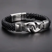 Regalo 12mm Nudo Encanto Mens Pulsera de Cadena Trenzado de Plata Dorado de Acero Inoxidable 316L Pulsera de Cuero Genuino Negro DLHBM60
