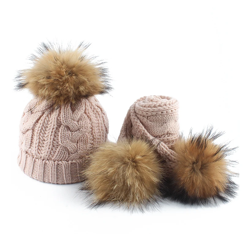 

Kids Winter Hat Children Real Fur Pompom Hat And Scarf Fleece Inside Twist Pattern Knitted Hats Baby Cotton Skullies Beanies