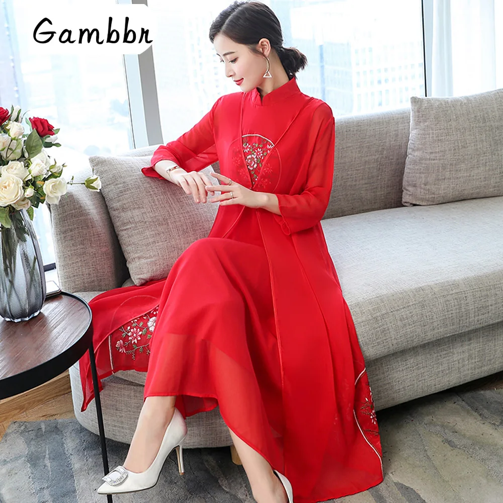Элегантное красное китайское платье Qipao вечерние Лето Высокое качество Улучшенная платье Чонсам с вышивкой из двух частей красный китайское платье