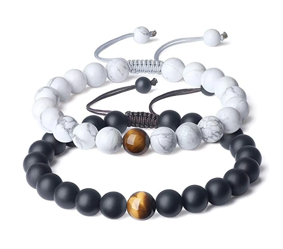 Мужские и женские 8 мм матовый черный оникс Белый Howlite пары Плетенный макраме его