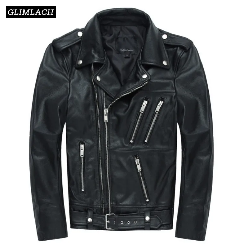 

Luxury Sheepskin Genuine Leather Jackets Men Slim Natural Real Leather Jackets Multi Zippers Biker Motorcycle Coats Streetwear