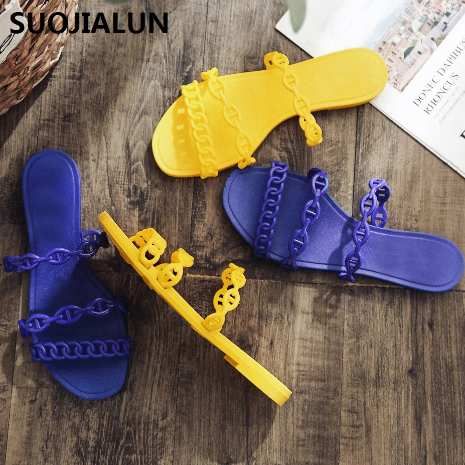 

SUOJIALUN Brands Women Jelly Flip Flops Spring & Summer Shoes Peep Toe Beach Sandals Anti-slip Footwear Casual Slides