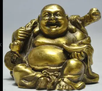 

626237<<++Chinese Buddhism Bronze Brass Happy Laugh Maitreya Buddha Yuanbao Money Statue A