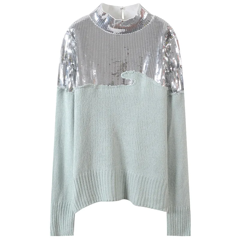 

2019 Spring New Korean Version of Color Matching Sequin Embroidery Shirt Loose Personality Half-neck Sweater Female Knitwear