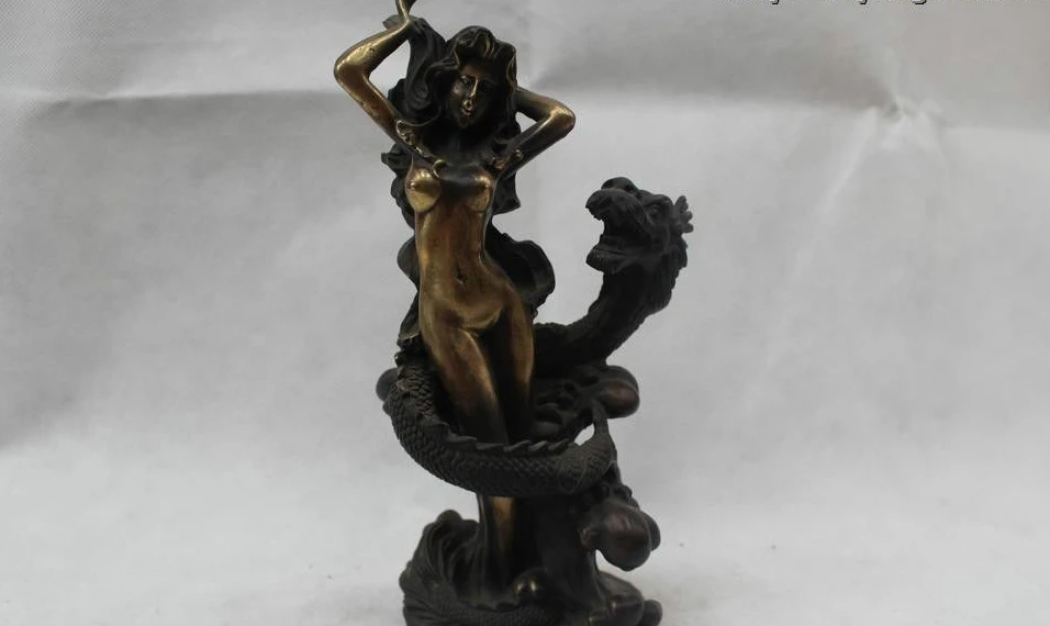 

10"China Chinese Folk Feng Shui Bronze Lucky Dragon circling Belle Statue