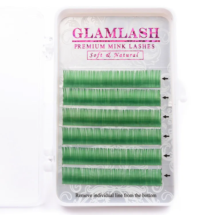 green GLAMLASH Натуральный Мягкий Фиолетовый Синий Коричневый зеленый красный цвет Наращивание ресниц премиум индивидуальные норковые ресницы макияж cilio для строительства - Цвет: green