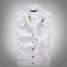 Denim vest men white color Fashion 2016 Colete jeans Hip hop Sleeveless jacket Waistcoat Mens vest colete jeans masculino M-XXL