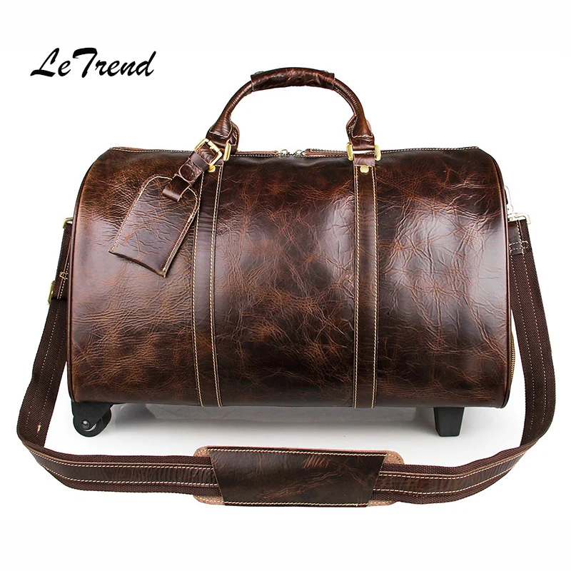Letrend, коричневая Высококачественная Дорожная сумка из натуральной кожи, вместительная Мужская роскошная сумка на колесиках, чемодан на колесиках