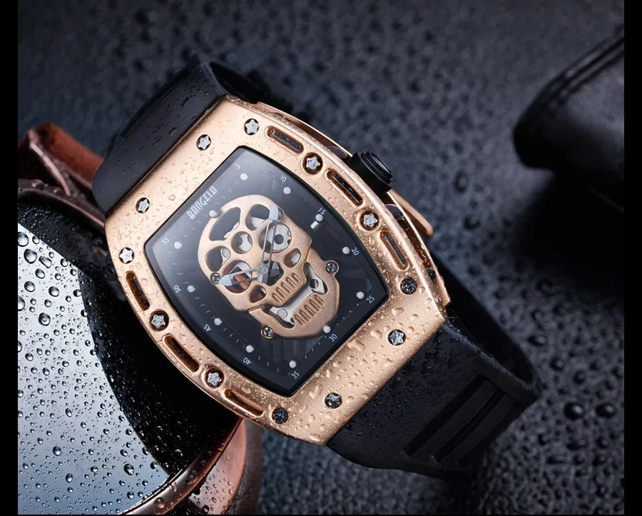 Baogela Модные мужские светящиеся кварцевые часы с черепом в стиле милитари, черные силиконовые наручные часы с прямоугольным циферблатом для Man1612