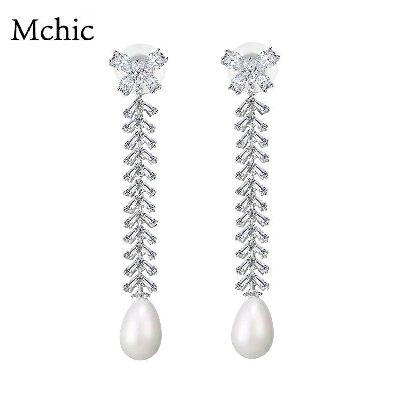 

Mchic 925 Needle Zirconia Flowers Long Dangle Water Drop Shell Pearl Fashion Earrings For Women Wedding Party Bridesmaid Gift